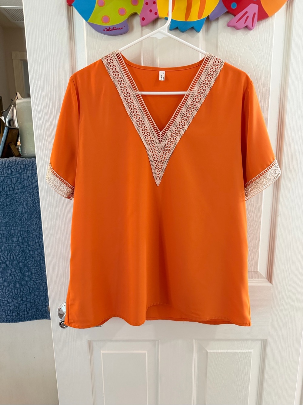 Women's Orange V-Neck Tunic with White Crochet Trim